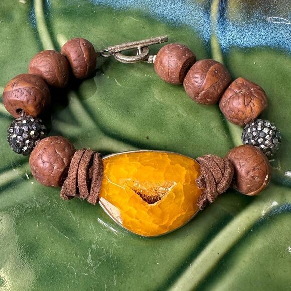 Tibetan Natural Jade Beaded Bangle Tibetan Style Dzi Beads Bracelet - Picture 1 of 5